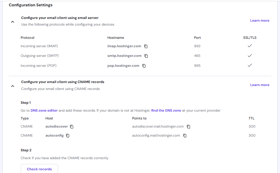 Easily Set Up Custom Domain Email - A Step By Step Guide 9 Configuration settings of email client using email servers & cname records