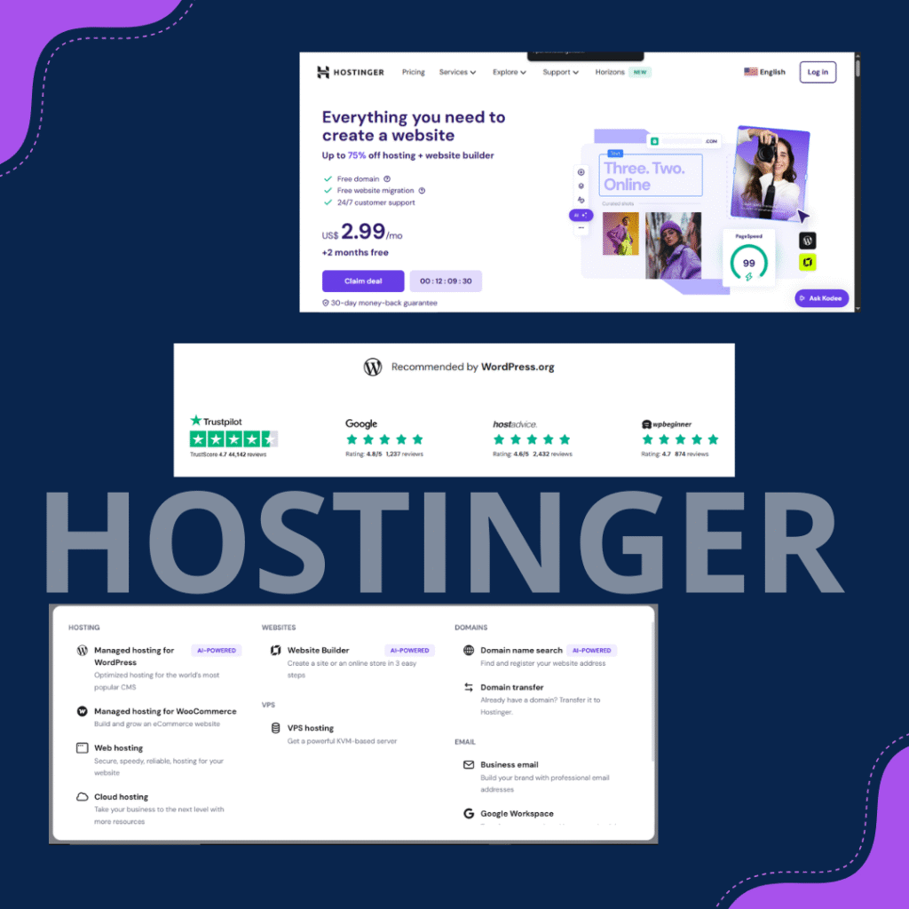 Screenshot collage of hostinger hosting