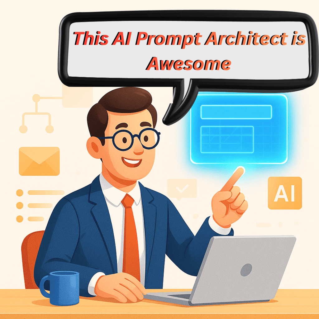 Free Ai Prompt Architect Tool For Project Managers &Amp; Ngos 1 A modern, bright 3d vector illustration of a smiling professional sitting at a desk, pointing at a glowing, futuristic blueprint or floating holographic text interface. The background features subtle, warm elements representing digital workflow, ai, and project management.