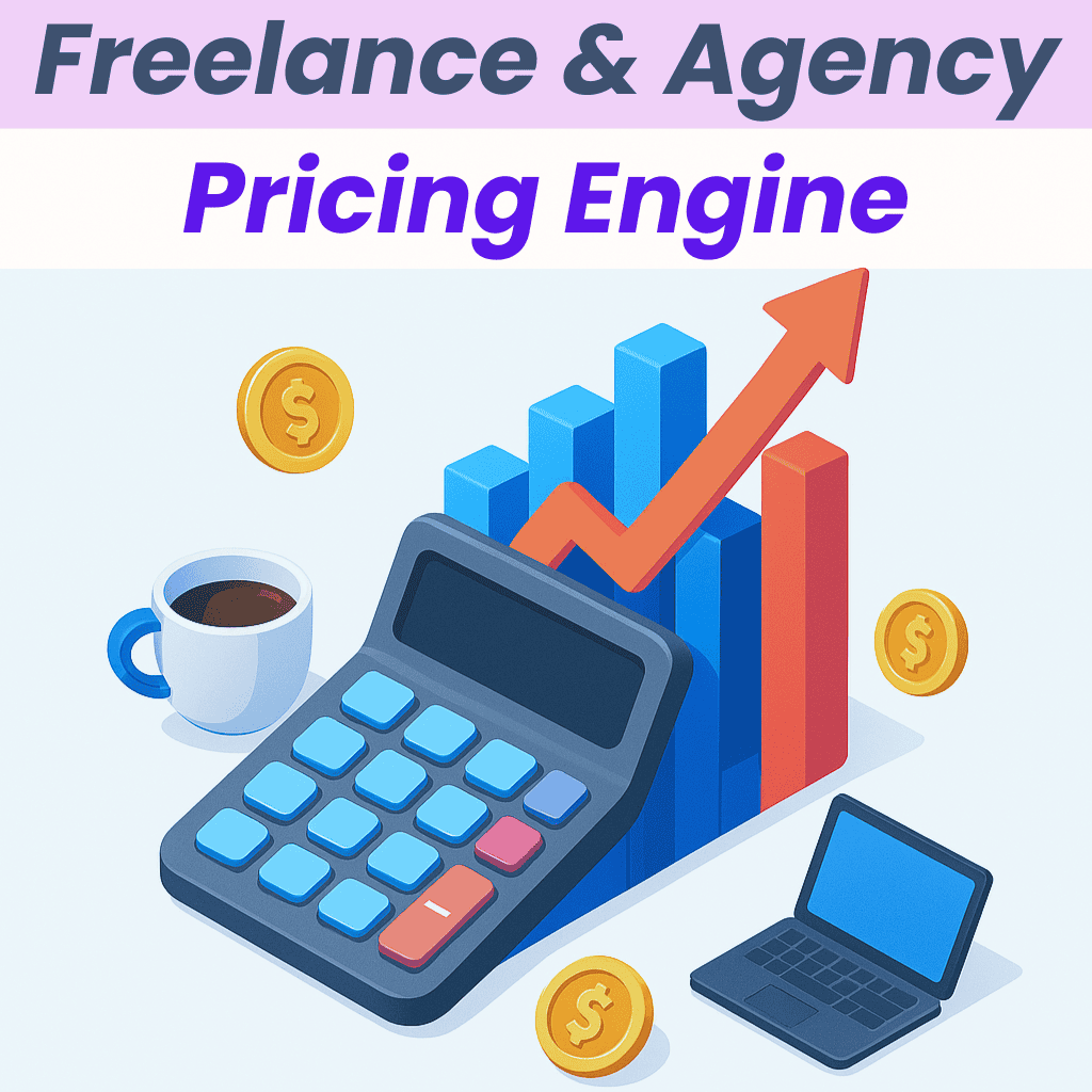 Freelance &Amp; Agency Pricing Engine: Calculate Rates &Amp; Profit 1 A 3d isometric vector illustration of a sleek calculator merging with a rising financial bar chart. Surrounding the calculator are floating digital coins, a coffee cup, and a laptop.
