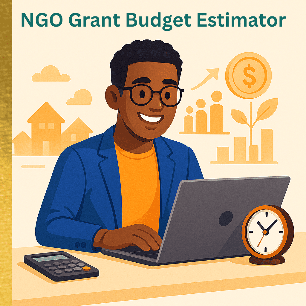 A modern, bright 3d vector illustration of a smiling, diverse professional working happily on a sleek laptop. On the desk next to him is a modern calculator and a stylish desk clock. The background features subtle, warm elements representing community growth and financial planning.