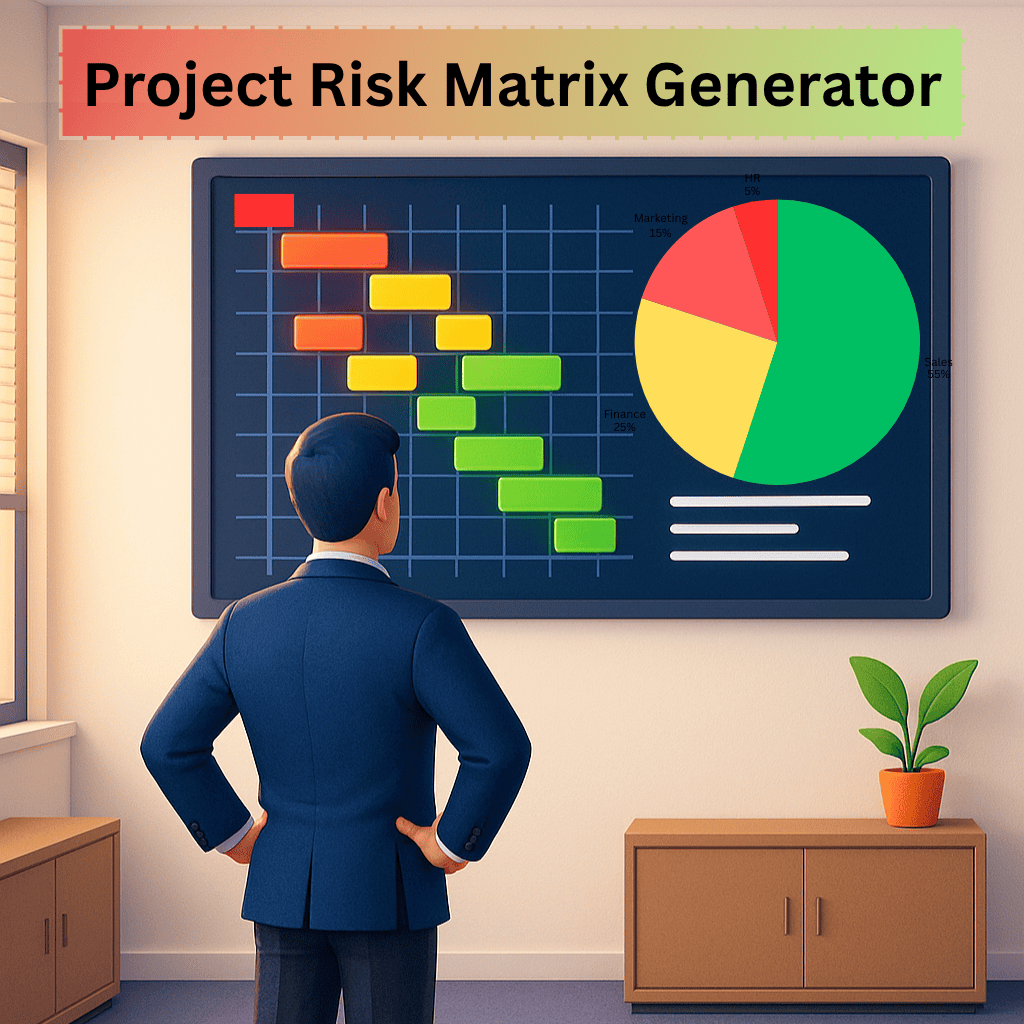 Free Dynamic Project Risk Matrix Generator For Managers 1 A high-quality, modern, bright 3d vector illustration of a professional project manager with his back towards the viewer analyzing a glowing, colorful grid (red, yellow, green blocks) and a colorful pie-chart on a large wall monitor in a large room with a corporate setting. The side wall features a window with warm light flowing in.