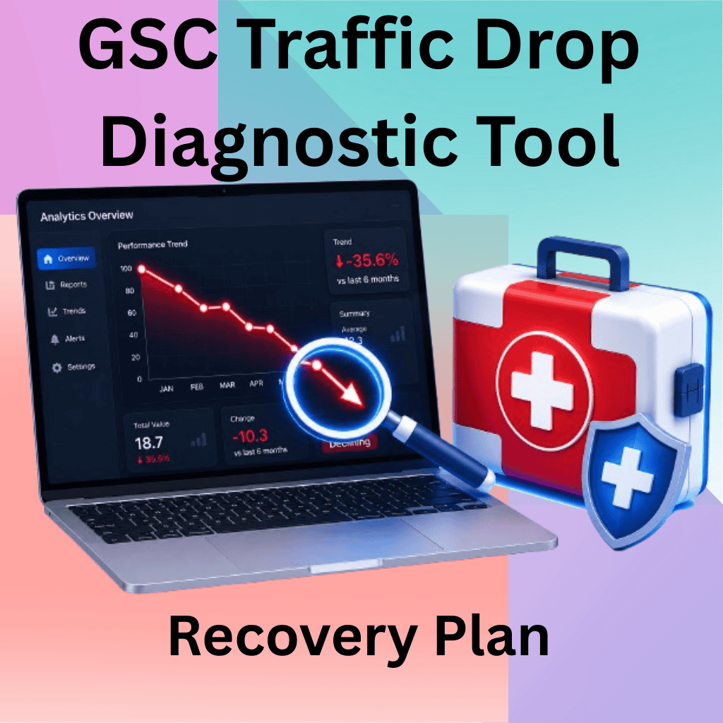 Gsc Traffic Drop Diagnostic Triager &Amp; Recovery Plan Tool 1 A 3d isometric vector illustration of a glowing digital magnifying glass hovering over a downward-trending line chart. A futuristic medical shield and a first aid kit sits next to the chart