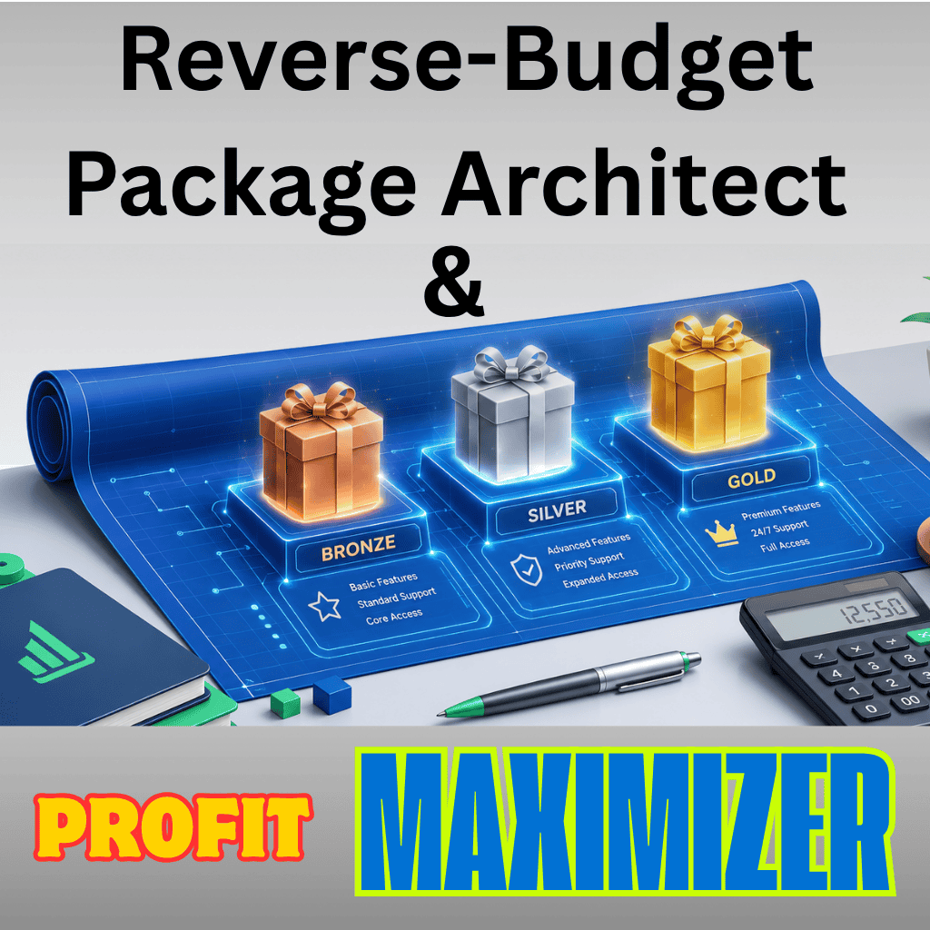 Reverse Budget Package Architect &Amp; Profit Maximizer Tool 1 A vector illustration of a glowing digital blueprint unrolling on a desk. On top of the blueprint are three glowing gift boxes (bronze, silver, gold) representing tiered package