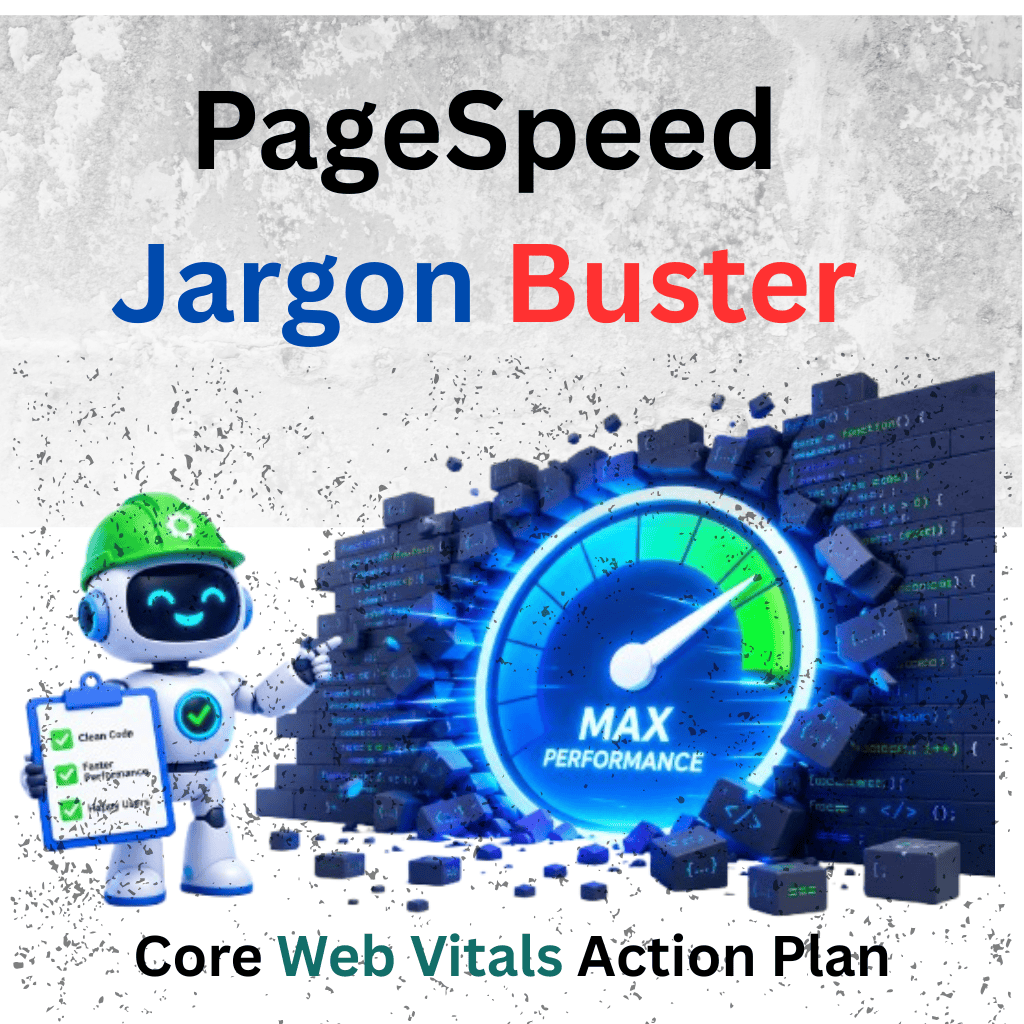 Free Pagespeed Jargon Buster &Amp; Core Web Vitals Action Plan 1 A vector illustration of a glowing digital speedometer breaking through a wall of confusing computer code. A friendly smiling robot wearing a construction hat is holding a simple checklist