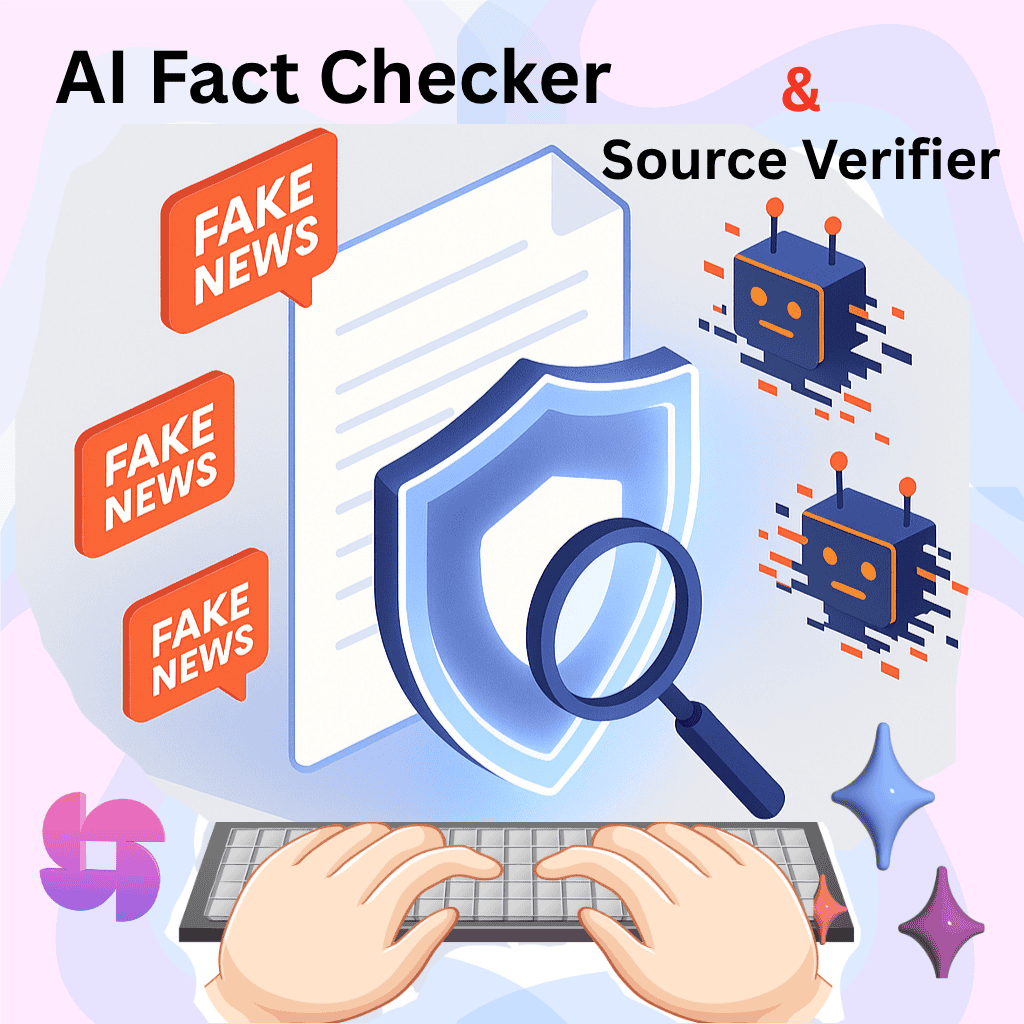 Free Ai Fact Checker &Amp; Source Verification Tool 1 A bright 3d isometric vector illustration of a glowing digital shield protecting a document from floating 'fake news' icons and glitching ai robots. A magnifying glass hovers over the shield.
