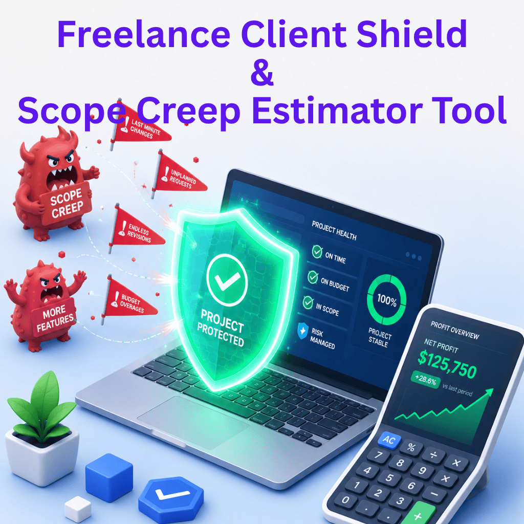 Freelance Client Shield &Amp; Scope Creep Estimator Tool 1 An isometric vector illustration of a glowing digital shield protecting a sleek laptop from floating red warning flags and scope creep monsters. Next to the laptop is a modern calculator