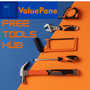 Top view of five common tools for household repairs is displayed on a flat blue and orange cross-sectioned background, depicting the ai and productivity free tools hub