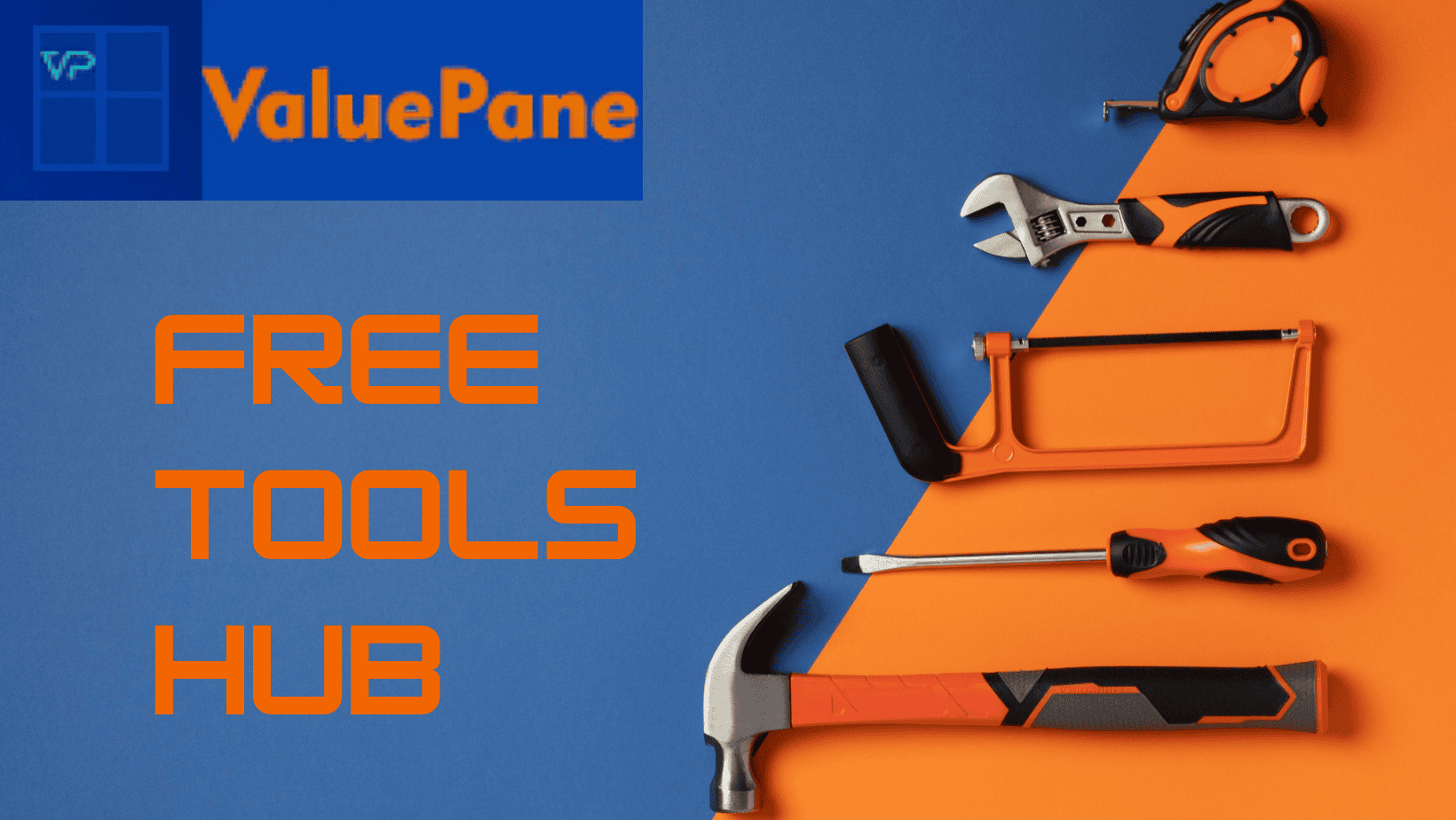 Free Tools Hub 1 Top view of five common tools for household repairs is displayed on a flat blue and orange cross-sectioned background, depicting the ai and productivity free tools hub